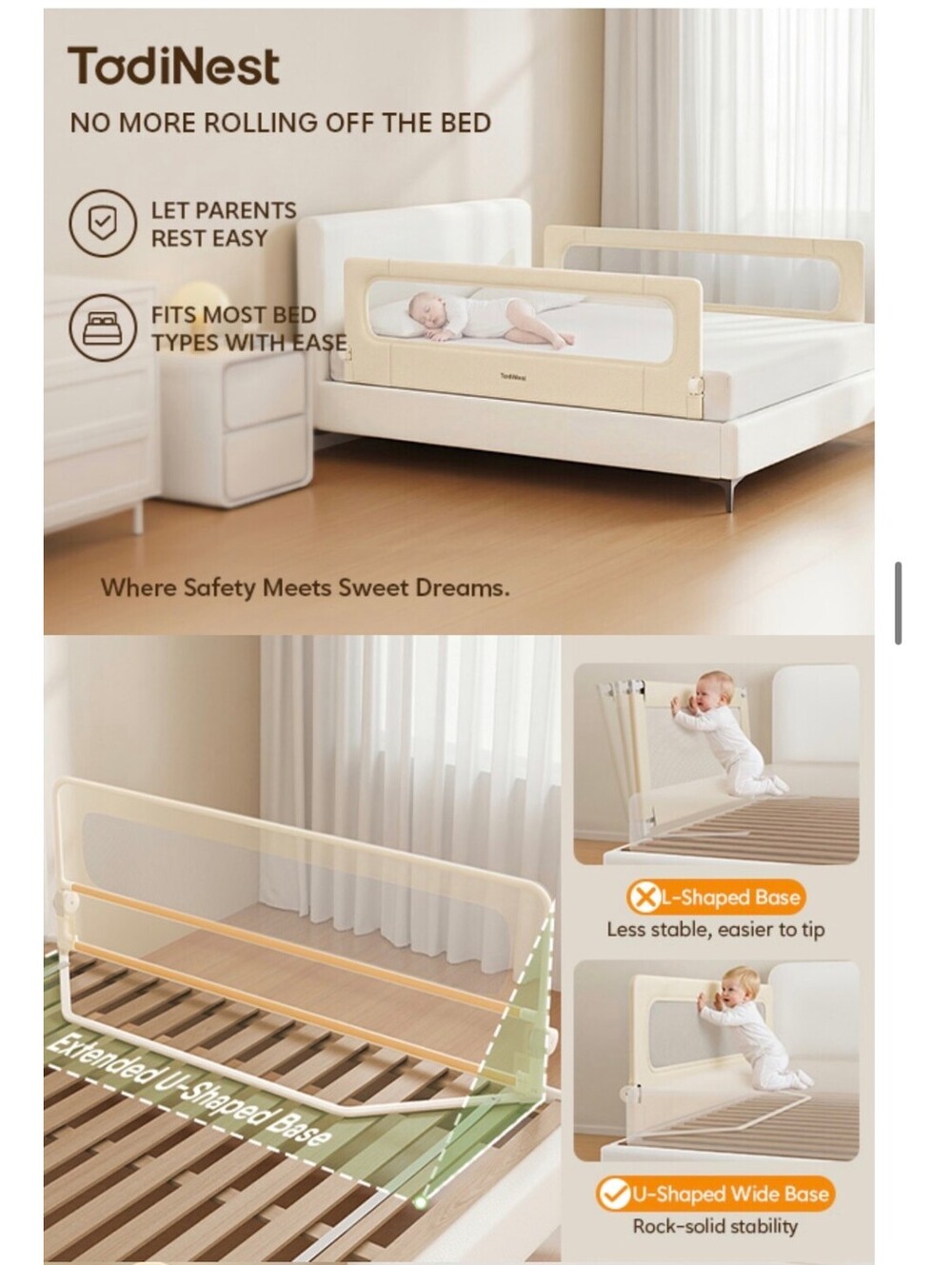 NEW TodiNest 71-Inch Foldable Toddler Bed Rail Guard – (King/Queen/Full/Twin)